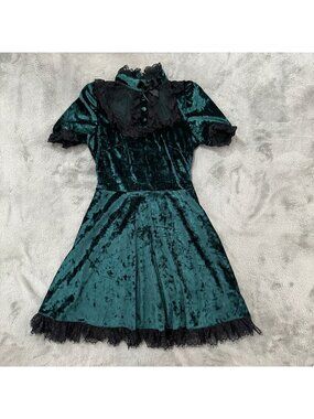 Dolls Kill Widow Dread N Doom Mini Dress Green Velvet MEDIUM Black Lace